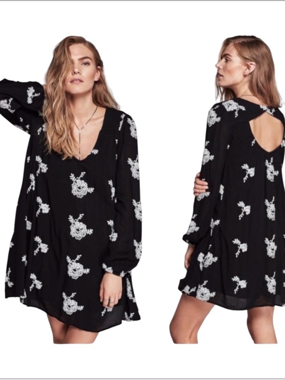 Free People black embroidered Emma Austin mini swing dress